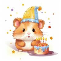 schattig verjaardag hamster met taart. illustratie ai generatief foto