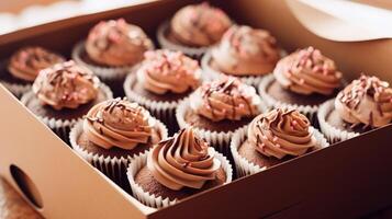 heerlijk chocola cupcakes in karton illustratie ai generatief foto