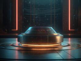 futuristische sci-fi kamer met neon lichten ronde podium gemaakt met generatief ai technologie. foto