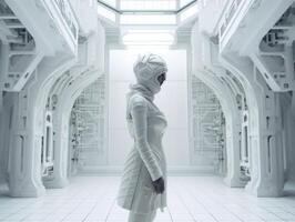 een futuristische vrouw mannequin in een wit jurk en masker staat in een futuristische wit kamer interieur symmetrisch samenstelling gemaakt met generatief ai technologie foto