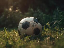 voetbal bal Aan groen gras gemaakt met generatief ai technologie foto
