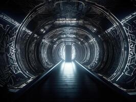 abstract futuristische tunnel gang met gloeiend lichten en reflecties wetenschap fictie stijl gemaakt met generatief ai technologie foto