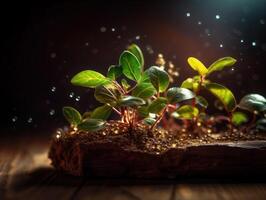 abstract samenstelling met fantasie planten Aan houten tafel gemaakt met generatief ai technologie foto