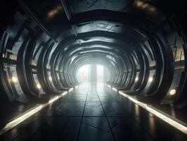 abstract futuristische tunnel gang met gloeiend lichten en reflecties wetenschap fictie stijl gemaakt met generatief ai technologie foto