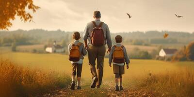 terug naar school. visie van de terug van een gelukkig vader escorts zijn zonen schoolkinderen naar school. illustratie ai generatief foto