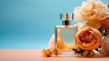 fles van parfum met bloemen. illustratie ai generatief foto