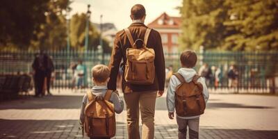 terug naar school. visie van de terug van een gelukkig vader escorts zijn zonen schoolkinderen naar school. illustratie ai generatief foto