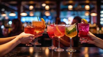 vrienden roosteren met cocktails in bar illustratie ai generatief foto