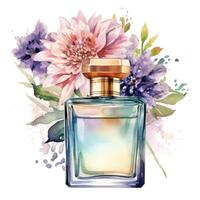 waterverf parfum fles met bloemen. illustratie ai generatief foto