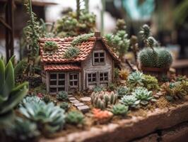 fantasie miniatuur huis bloemen vetplanten en cactus in de tuin gemaakt met generatief ai technologie foto