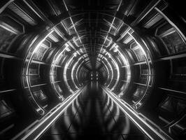 abstract futuristische tunnel gang met gloeiend lichten en reflecties wetenschap fictie stijl gemaakt met generatief ai technologie foto