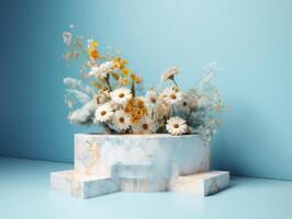 ronde marmeren podium met bloemen gemaakt met generatief ai technologie. foto