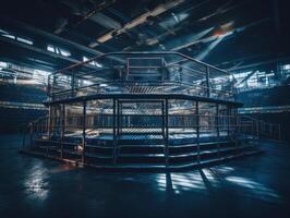 in de vechten kooi interieur visie van sport arena gemaakt met generatief ai technologie. foto