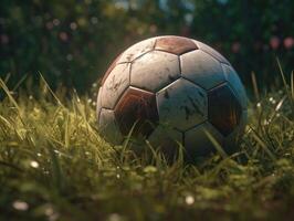 voetbal bal Aan groen gras gemaakt met generatief ai technologie foto