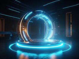 fantastisch cirkel hologrammen magie portalen. futuristische ronde stadium met neon lichten. gloeiend ronde stadium Aan een donker achtergrond. gemaakt met generatief ai technologie foto