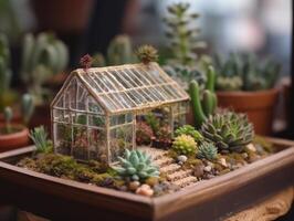 fantasie miniatuur huis bloemen vetplanten en cactus in de tuin gemaakt met generatief ai technologie foto