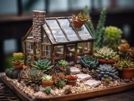 fantasie miniatuur huis bloemen vetplanten en cactus in de tuin gemaakt met generatief ai technologie foto