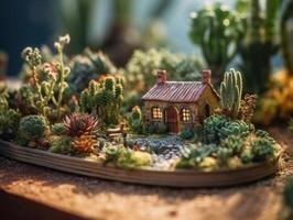 fantasie miniatuur huis bloemen vetplanten en cactus in de tuin gemaakt met generatief ai technologie foto