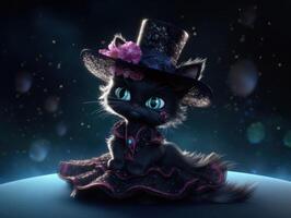 weinig zwart kat in een hoed en een jurk gemaakt met generatief ai technologie foto
