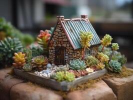 fantasie miniatuur huis bloemen vetplanten en cactus in de tuin gemaakt met generatief ai technologie foto