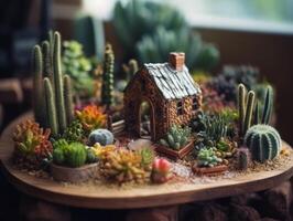 fantasie miniatuur huis bloemen vetplanten en cactus in de tuin gemaakt met generatief ai technologie foto