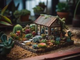 fantasie miniatuur huis bloemen vetplanten en cactus in de tuin gemaakt met generatief ai technologie foto