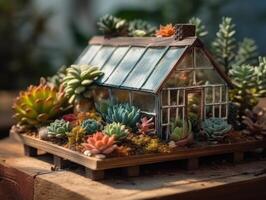 fantasie miniatuur huis bloemen vetplanten en cactus in de tuin gemaakt met generatief ai technologie foto