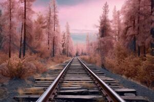 spoorweg sporen in een Woud landschap. illustratie ai generatief foto