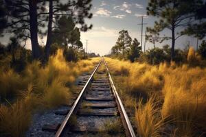 spoorweg sporen in een Woud landschap. illustratie ai generatief foto