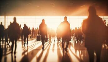 menigte van mensen wandelen in luchthaven snel in beweging met zon verlichting achtergrond, generatief ai foto