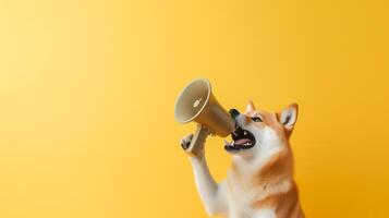 grappig schattig hond, shiba houdt een geel luidspreker in haar geschreeuw en aankondigen Aan zacht blauw studio achtergrond, generatief ai foto