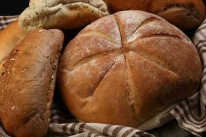 vers gebakken brood brood bun rollen ronde lang mengen waarheid verpakt in geruit keuken kleding stof servet handdoek over- zwart achtergrond foto