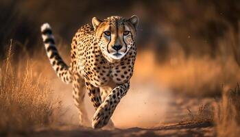 majestueus Jachtluipaard wandelen in Afrikaanse savanne, staren in camera gegenereerd door ai foto