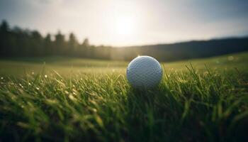 golfspeler hits bal Aan groen gras, het richten voor gat nauwkeurigheid gegenereerd door ai foto