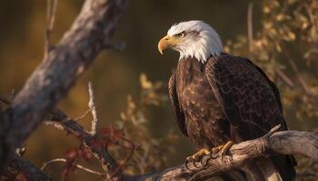 majestueus kaal adelaar neerstrijken Aan tak, focus Aan voorgrond gegenereerd door ai foto