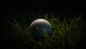 helder groen golf bal hits glimmend gras Aan golf Cursus gegenereerd door ai foto