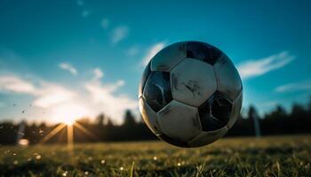 spelen voetbal Aan een groen weide onder de zonsondergang lucht gegenereerd door ai foto