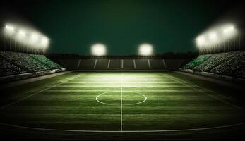 voetbal stadion verlichte door schijnwerpers en leeg groen gras speelplaats, groot stadion, generatief ai foto