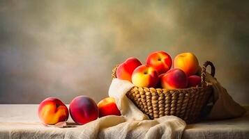 nog steeds leven met nectarines en pruimen Aan mand Aan bruin gerimpeld kleding stof met met cement muur achtergrond, ai generatief foto