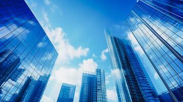 modern wolkenkrabbers, bedrijf kantoor gebouwen met blauw lucht, ai generatief foto