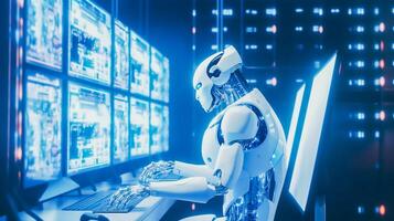 kunstmatig intelligentie, wit ai robot denken en op zoek groot scherm toezicht houden op van groot gegevens Aan blauw hoog technologie voor de toekomst stijgen in technologisch singulariteit achtergrond, generatief ai foto