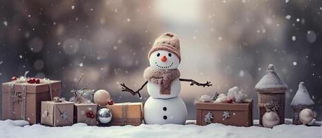 Kerstmis banier achtergrond, wijnoogst geschenk dozen en ballen Aan vol met sneeuw, generatief ai foto