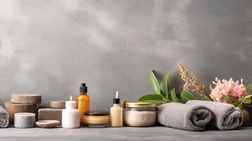 natuurlijk cosmetica, ingrediënten en badkamer of spa accessoires geregeld Aan banier achtergrond, generatief ai foto