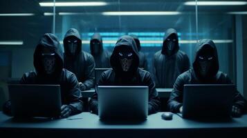 hackers met hoodies met donker gezicht masker. hacker groep team in voorkant laptop in modern kantoor, generatief ai foto