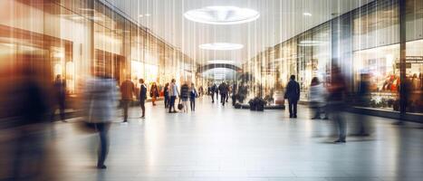 groep van mensen Gaan boodschappen doen in snel beweging in winkelcentrum, generatief ai foto