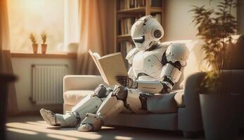 ai robot lezing boek Aan sofa in huiskamer in ochtend, aan het leren meer en meer concept, ai generatief foto