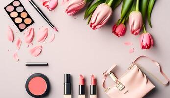 top visie met roze tulpen bloemen, schoenen, lippenstift en kunstmatig achtergrond, generatief ai foto