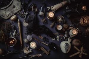 halloween rustiek ornament flatlay samenstelling. halloween decor Aan donker houten achtergrond. generatief ai. foto