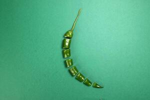 groen chili peper Aan groen achtergrond besnoeiing stukken foto