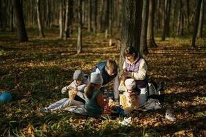 moeder met kinderen in familie picknick Bij herfst Woud. foto